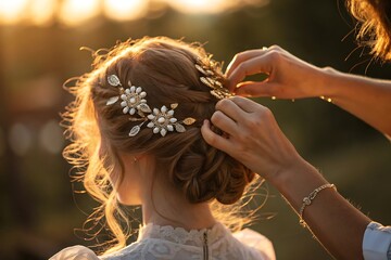 Elegant bridal updo hairstyle with stunning gold and pearl accessories for a beautiful outdoor wedding look