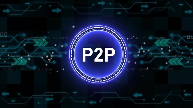 Businessman presses button with text P2P Peer-to-peer icon on virtual digital electronic user interface. communication network Business. technology background with Cyberspace HUD elements animation.