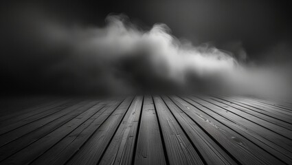 The wooden floor extending from the foreground to the center is made up of long, narrow wooden planks with visible grain and texture. A thick fog is seen rising in the background.