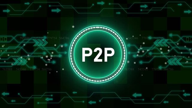 Businessman presses button with text P2P Peer-to-peer icon on virtual digital electronic user interface. communication network Business. technology background with Cyberspace HUD elements animation.