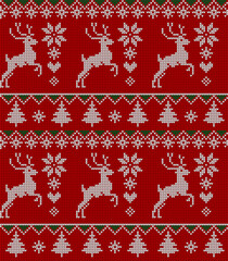 Seamless Christmas knit pattern featuring traditional Nordic elements. The design includes white snowflakes and Christmas trees on a red knitted background. Perfect for holiday textiles, wrapping pape