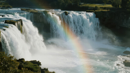 Obraz premium Spectacular Waterfall with Rainbow Amidst Lush Greenery