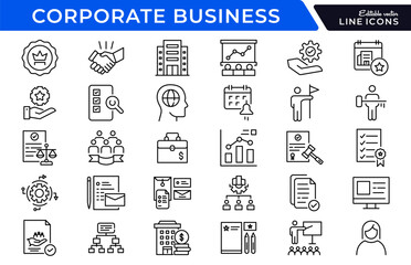 Corporate business linear icon set. Office, team, leadership, meeting, strategy, employee, management, success, briefcase, chart, partnership, startup, workplace vector icon set. UI thin line pack