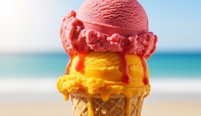 A melting artisanal ice cream cone held against a blurred beach background, vibrant strawberry and mango scoops dripping slowly, bright summer light.