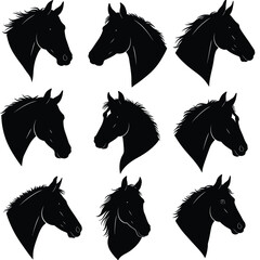 Nine Black Silhouette Horse Heads in Profile on White Background