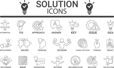 Solution icon set. Line art icons containing problem-solving, alternative, resolve, answer, maze, issue, and success icons. Solid icon collection. Vector illustration.