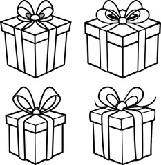 Set of black and white gift box icons with ribbons and bows in simple vector style
