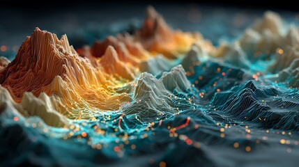 Abstract fractal landscape with neural network connections isolated on white background