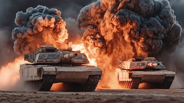 Abrams battle tanks firing and advancing under fire and smoke