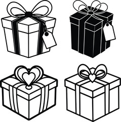 Set of black and white gift box icons with ribbons and bows in simple vector style
