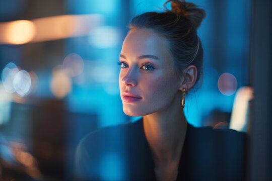 Sophisticated businesswoman with elegant top knot hairstyle and gold earrings gazing thoughtfully with city lights bokeh background creating urban professional atmosphere