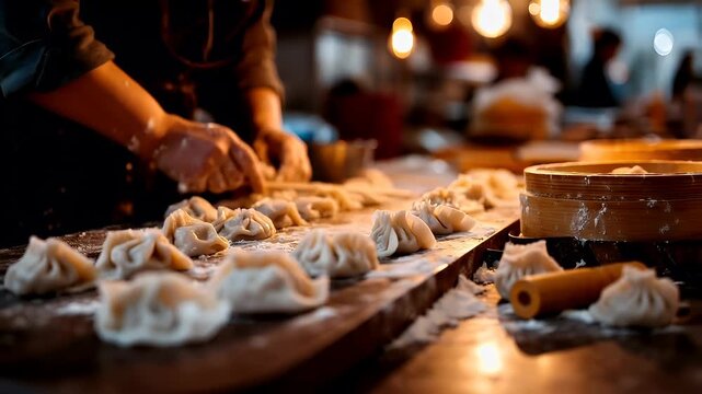 Chinese Spring Festival celebration. A closeup shot of a persons hands working on dumplings in a dimly lit kitchen. The person is wearing a chefs apron and is in the process of making dumpling.