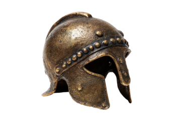 Close-up of a bronze-colored ancient helmet, angled slightly to the right