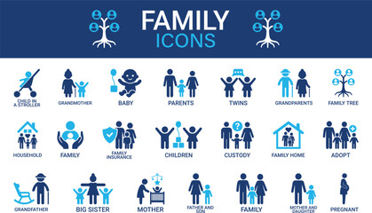 Family icon set. Containing parents, mother, father, children, baby, grandparents, and household icons. Solid icon collection. Vector illustration.