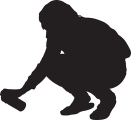  vector silhouette side view of a woman painting on the floor with spray paint