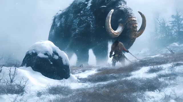 A vivid portrayal of a mammoth in a snowy landscape, with a warrior in the foreground. The warrior is equipped with a staff and a fur cloak, suggesting a cold environment.
