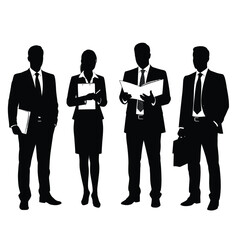 Silhouettes of four business people in suits on a white background