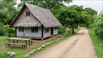Fototapeta premium Rustic Thatched Roof House Beside Dirt Path in Lush Tropical Setting