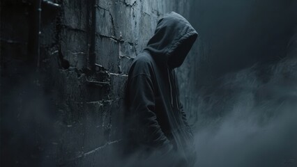 A solitary figure in a hoodie stands against a foggy, dark wall, creating a mysterious and introspective atmosphere.