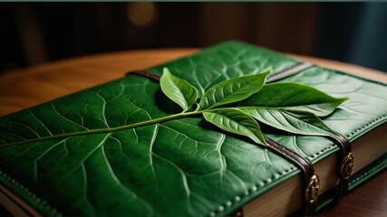 A green book with a leaf on top