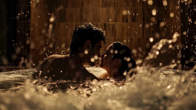 Romantic scene unfolds with couple in hot tub, sharing intimate kiss amid gentle splashes, soft lighting, capturing pure love, heartfelt passion in their special moment together