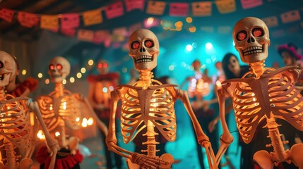 Festive Skeletons Celebrate Life in Colorful Night Party Atmosphere