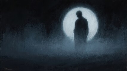 A shadowy figure stands before a glowing moon, surrounded by mist, creating an eerie and contemplative atmosphere.