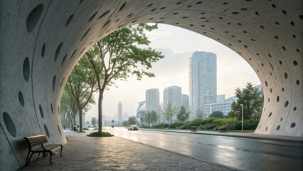 Modern architectural tunnel with cityscape view and wet pavement