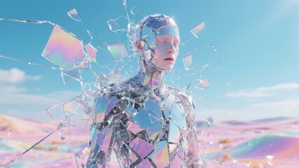 A futuristic humanoid figure appears to shatter, composed of reflective shards, set against a dreamy pastel landscape.