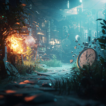 An exploding clock shatters in a magical, overgrown workshop lit by a fiery orb.
