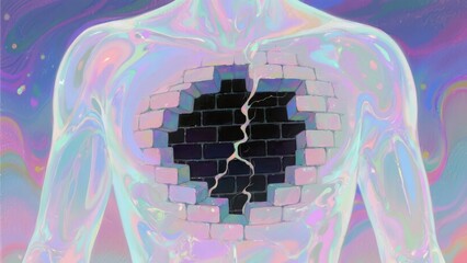Abstract art depicting a figure with a heart-shaped brick wall, symbolizing vulnerability and emotional barriers in a colorful, fluid design.