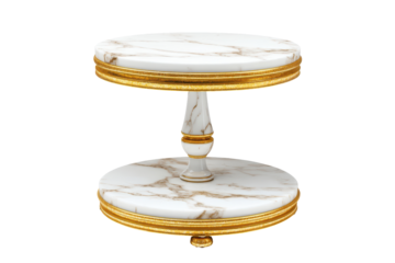 Elegant two tier marble and gold side table isolated on transparent background. Double tier marble pedestal with gold trim isolated on white background.