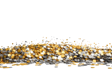 Pile of colorful confetti and glitter isolated on transparent background. Large pile of golden and silver coins scattered randomly displayed on a white background.