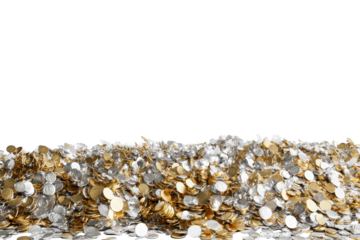 Pile of colorful confetti and glitter isolated on transparent background. Large pile of golden and silver coins scattered randomly displayed on a white background.