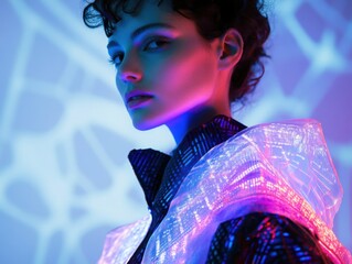 Futuristic fashion model in AR-style outfit with glowing animated light patterns