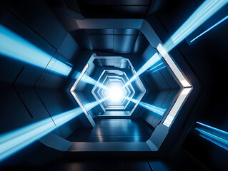 Abstract Hexagonal Tunnel with Light Rays SciFi Corridor Future Technology Concept and Modern Architecture Interior Design