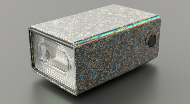 A stylish electronic cigarette box mod with a dark damask pattern, a textured top, and a black firing button. - Powered by Adobe