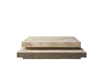 Two stacked stone blocks isolated on transparent background. Minimalist beige and brown tiered countertop with a sleek design isolated on white background, 3D Rendering.