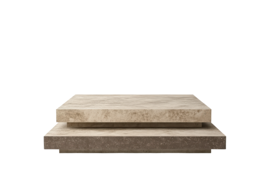 Two stacked stone blocks isolated on transparent background. Minimalist beige and brown tiered countertop with a sleek design isolated on white background, 3D Rendering.