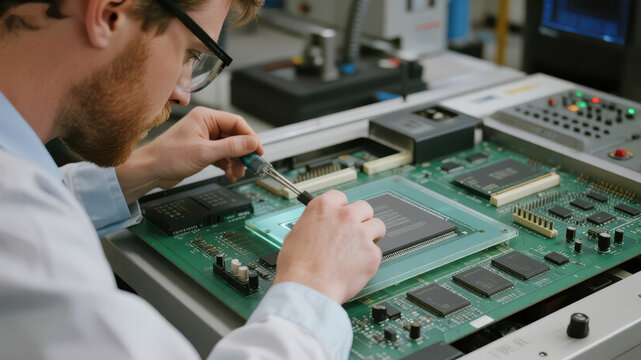 Engineer soldering components on a circuit board in a laboratory setting