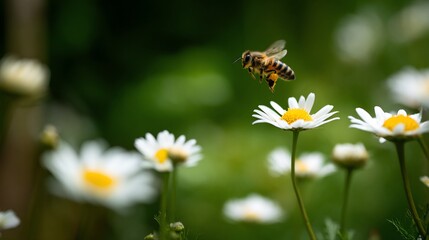 Obraz premium Honeybee hovering near daisy flowers in a garden setting