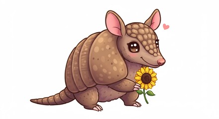 Adorable armadillo gently holds a vibrant sunflower under soft light. AI Generated