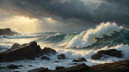 Dramatic seascape with crashing waves against rocky coast under a stormy sky with sunlight beams breaking through the clouds