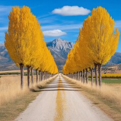 Scenic Country Road Framed by Golden Trees Leading to Distant Mountains Under Blue Sky