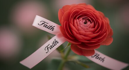 Fototapeta premium Soft light illuminates vibrant red ranunculus tied gently with a faith ribbon. AI Generated