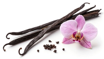 Beautifully isolated vanilla orchid flowers and pods in white, pink, and brown tones