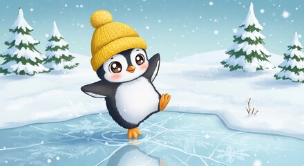 Fototapeta premium Joyful penguin dances playfully on icy pond under soft winter light. AI Generated