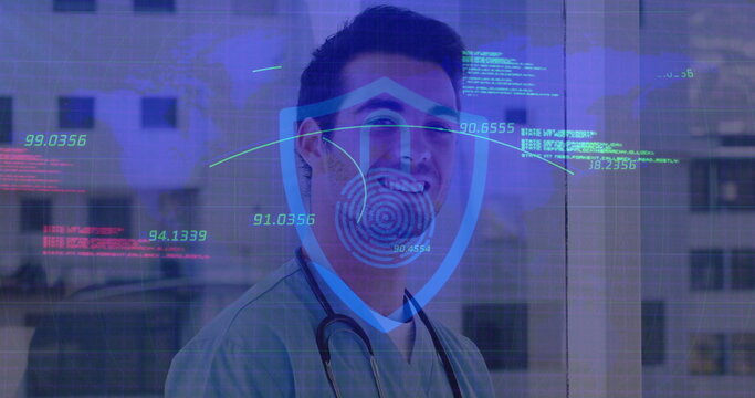 Verifying ID for doctor wearing scrubs, stethoscope at clinic, with holographic fingerprint rings - Powered by Adobe