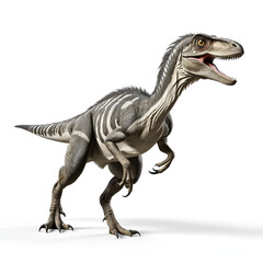 Fototapeta premium Running Velociraptor mongoliensis isolated on white background. Theropod dinosaur with feathers from Cretaceous period scientific 3D rendering illustration