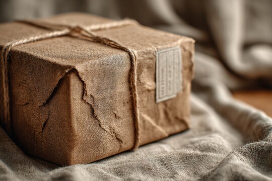 Close-up of a rustic parcel wrapped in textured linen, tied with twine.